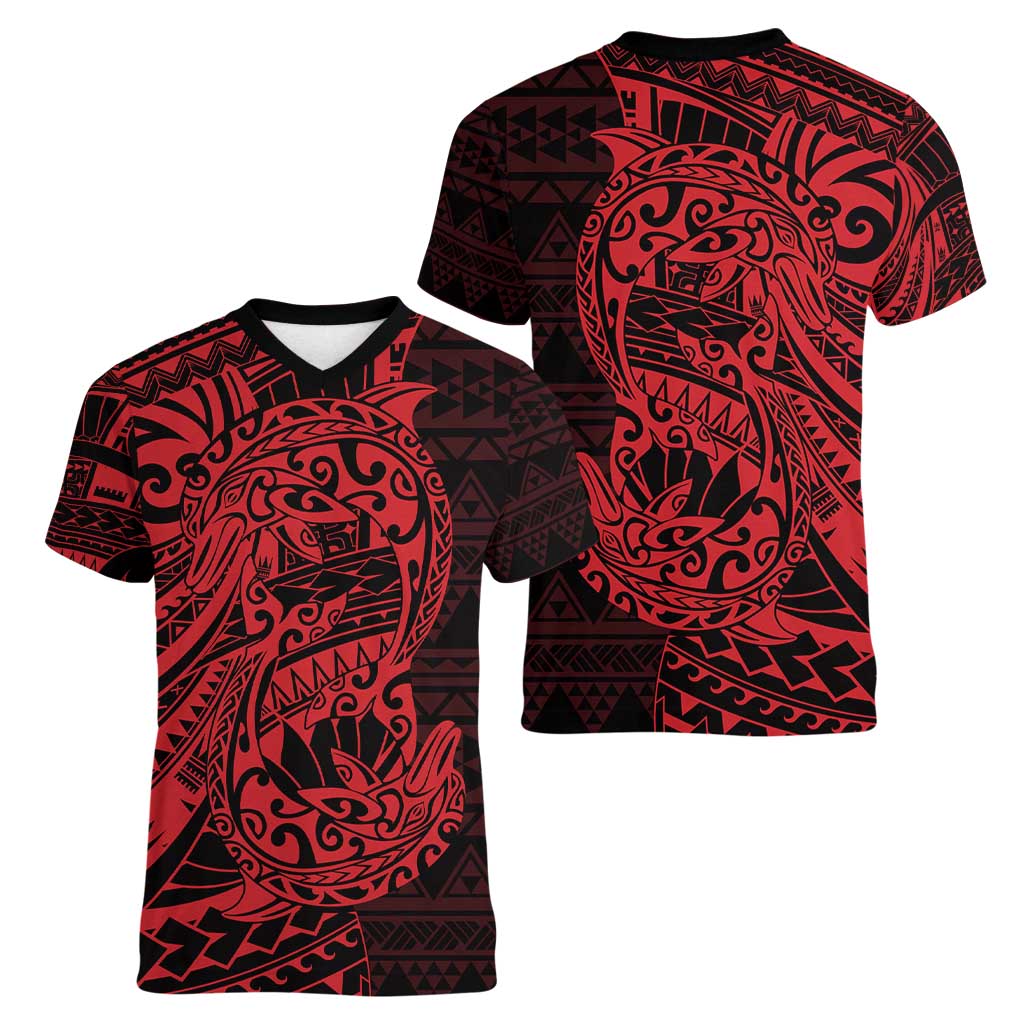 Red Couple Dolphins Maori Polynesian Style Women V-Neck T-Shirt
