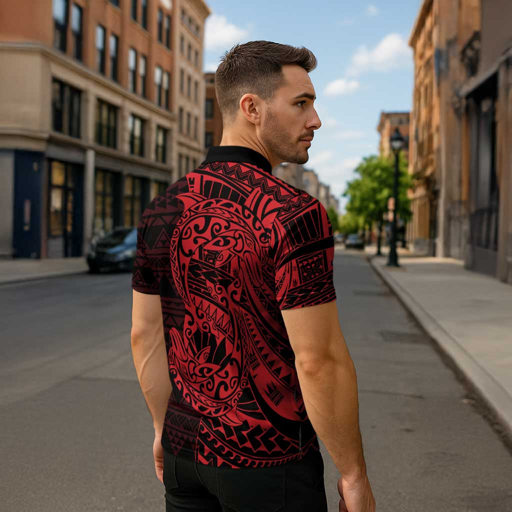 Red Couple Dolphins Maori Polynesian Style Zipper Polo Shirt - Polynesian Pride