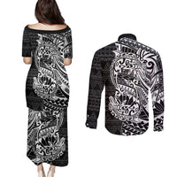 White Couple Dolphins Maori Polynesian Style Couples Matching Puletasi and Long Sleeve Button Shirt