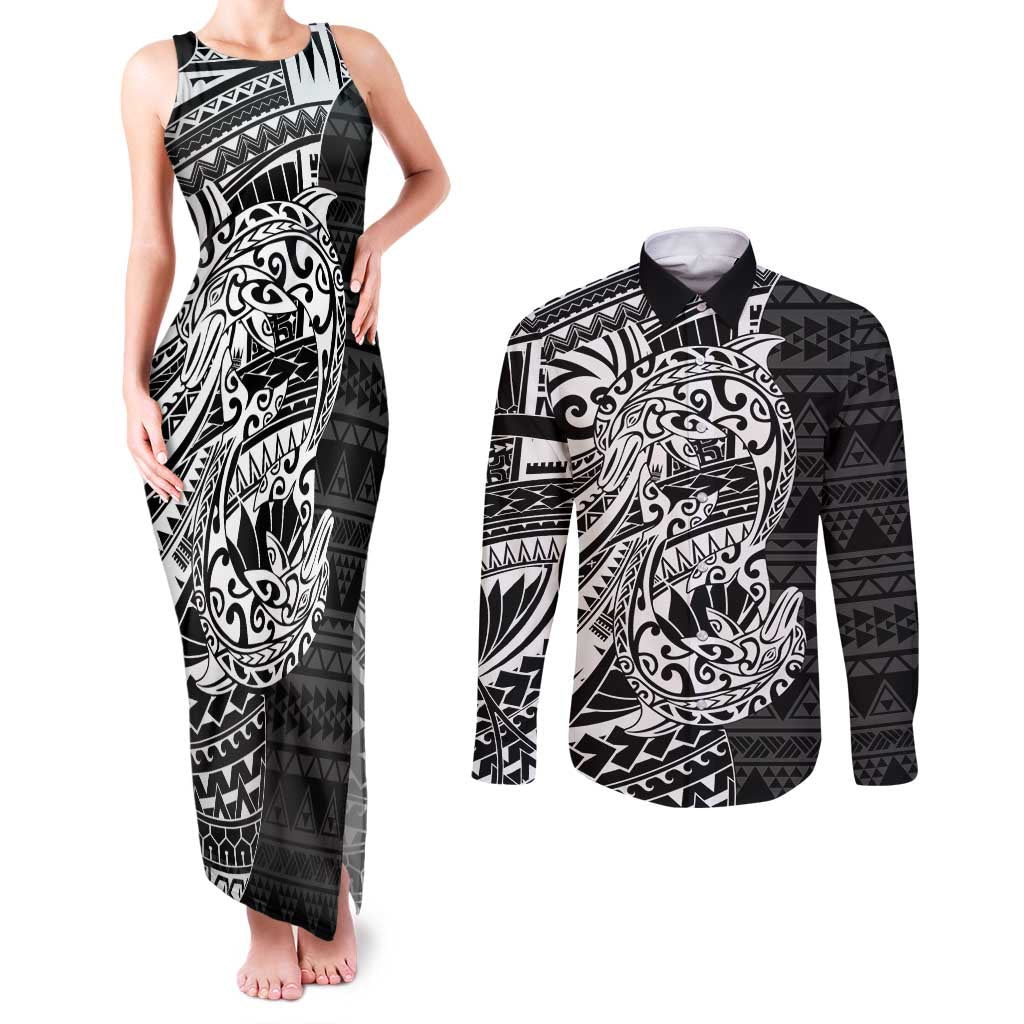 White Couple Dolphins Maori Polynesian Style Couples Matching Tank Maxi Dress and Long Sleeve Button Shirt