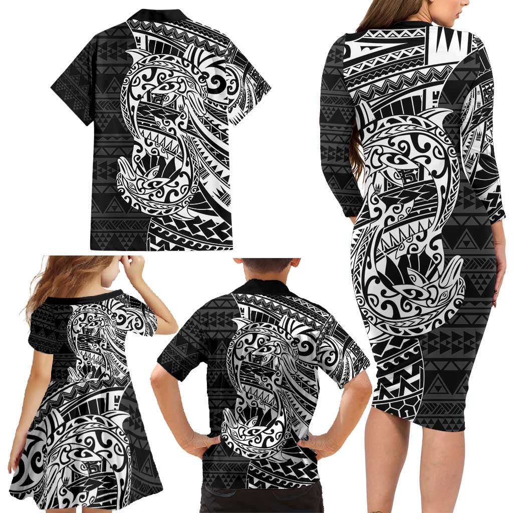 White Couple Dolphins Maori Polynesian Style Family Matching Long Sleeve Bodycon Dress and Hawaiian Shirt LT9 - Polynesian Pride