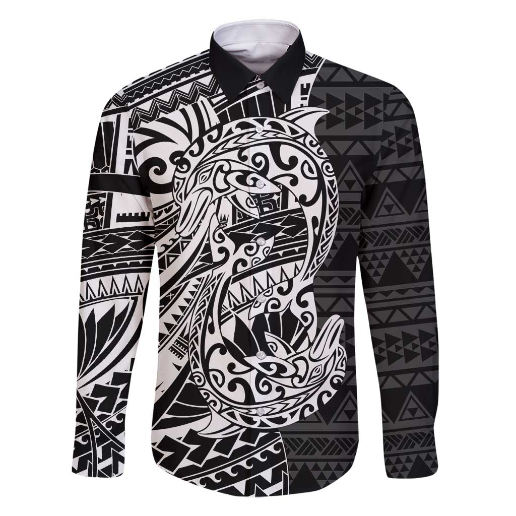 White Couple Dolphins Maori Polynesian Style Family Matching Long Sleeve Bodycon Dress and Hawaiian Shirt LT9 Dad's Shirt - Long Sleeve White - Polynesian Pride