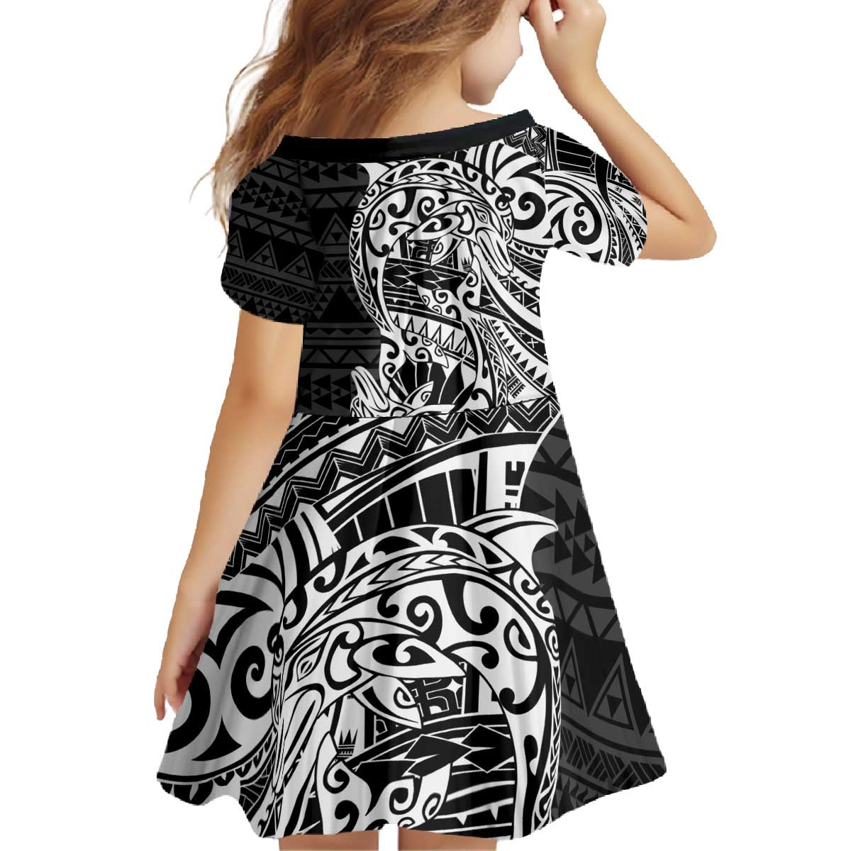 White Couple Dolphins Maori Polynesian Style Family Matching Off The Shoulder Long Sleeve Dress and Hawaiian Shirt LT9 - Polynesian Pride