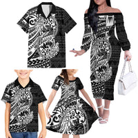 White Couple Dolphins Maori Polynesian Style Family Matching Off The Shoulder Long Sleeve Dress and Hawaiian Shirt LT9 - Polynesian Pride