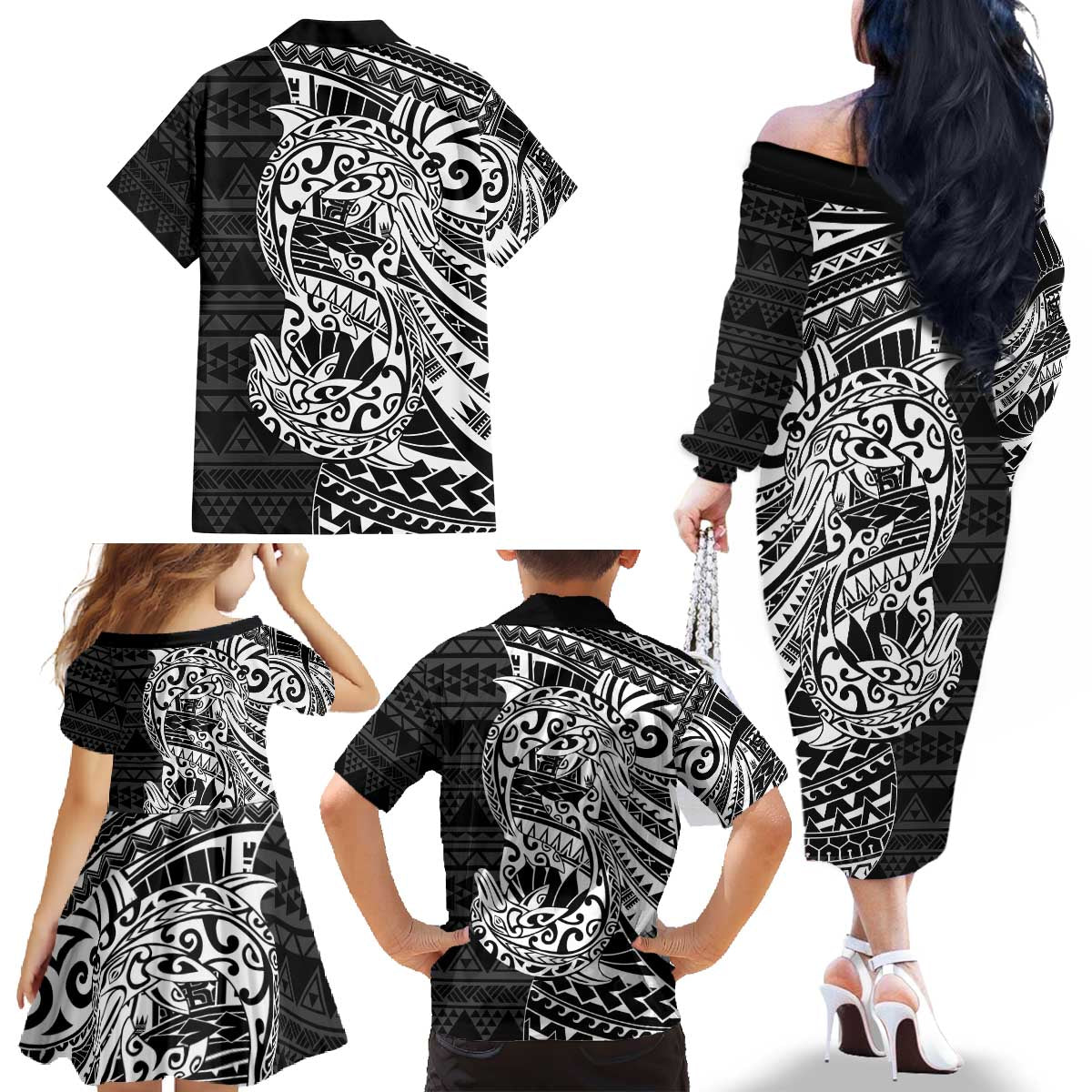White Couple Dolphins Maori Polynesian Style Family Matching Off The Shoulder Long Sleeve Dress and Hawaiian Shirt LT9 - Polynesian Pride