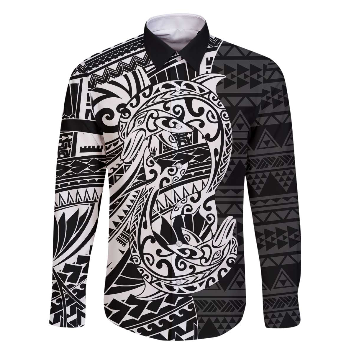 White Couple Dolphins Maori Polynesian Style Family Matching Off The Shoulder Long Sleeve Dress and Hawaiian Shirt LT9 Dad's Shirt - Long Sleeve White - Polynesian Pride