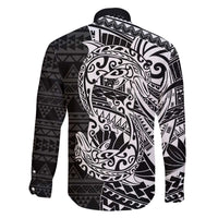 White Couple Dolphins Maori Polynesian Style Family Matching Off The Shoulder Long Sleeve Dress and Hawaiian Shirt LT9 - Polynesian Pride