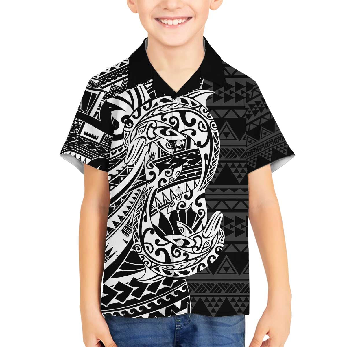 White Couple Dolphins Maori Polynesian Style Family Matching Off The Shoulder Long Sleeve Dress and Hawaiian Shirt LT9 Son's Shirt White - Polynesian Pride
