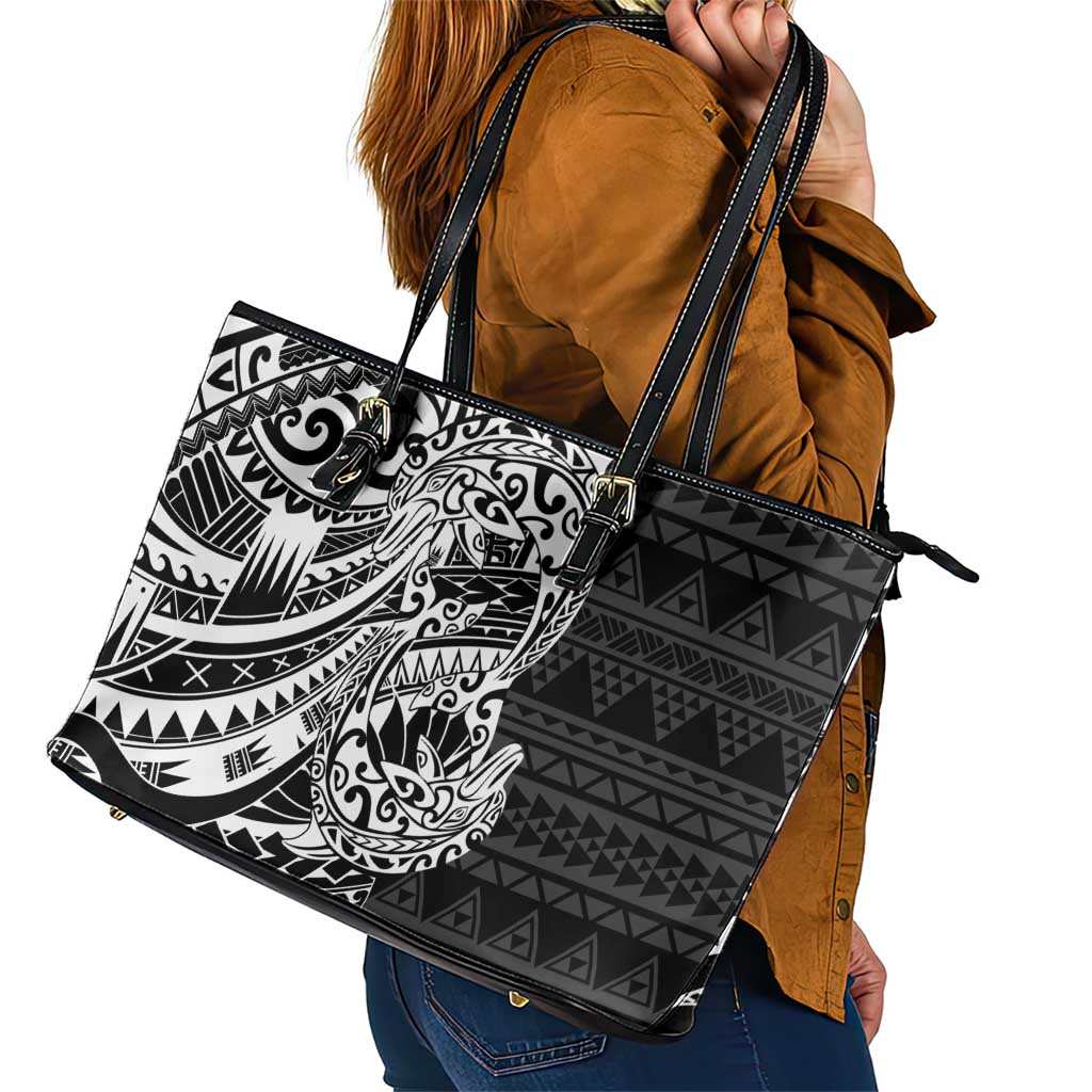 White Couple Dolphins Maori Polynesian Style Leather Tote Bag
