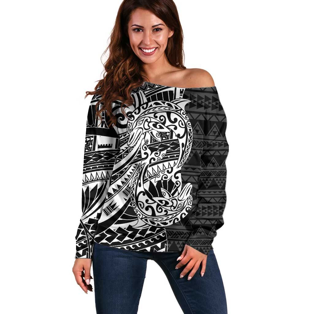 White Couple Dolphins Maori Polynesian Style Off Shoulder Sweater