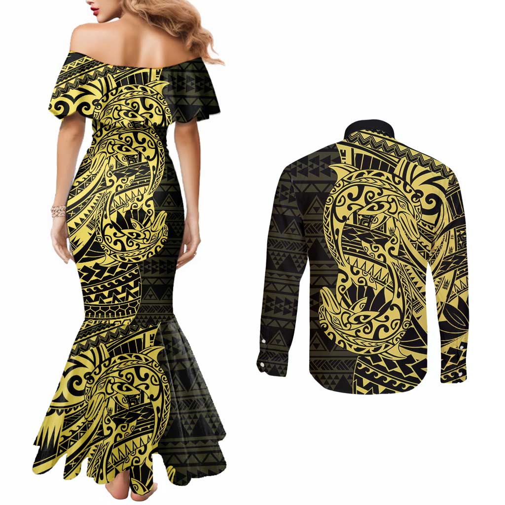 Yellow Couple Dolphins Maori Polynesian Style Couples Matching Mermaid Dress and Long Sleeve Button Shirt