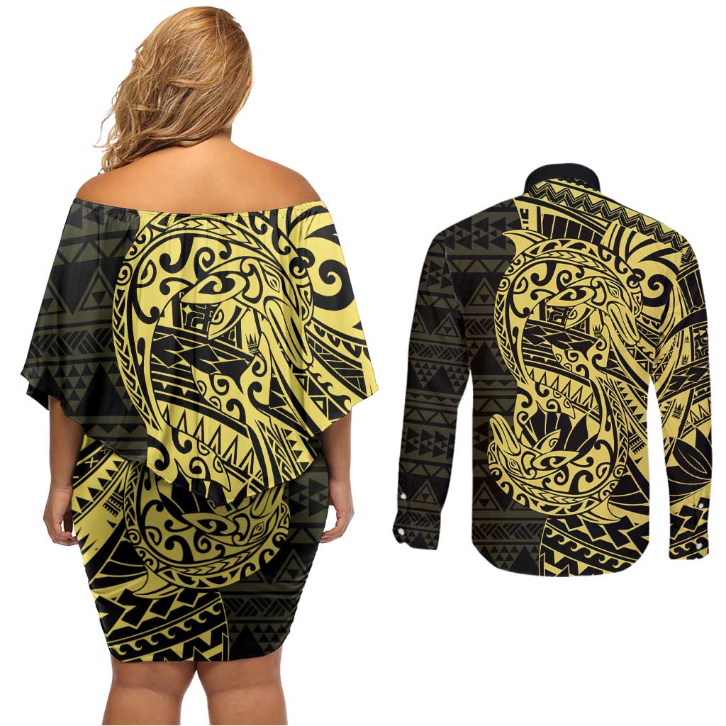 Yellow Couple Dolphins Maori Polynesian Style Couples Matching Off Shoulder Short Dress and Long Sleeve Button Shirt