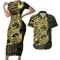 Yellow Couple Dolphins Maori Polynesian Style Couples Matching Short Sleeve Bodycon Dress and Hawaiian Shirt LT9 Yellow - Polynesian Pride