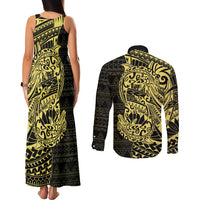 Yellow Couple Dolphins Maori Polynesian Style Couples Matching Tank Maxi Dress and Long Sleeve Button Shirt