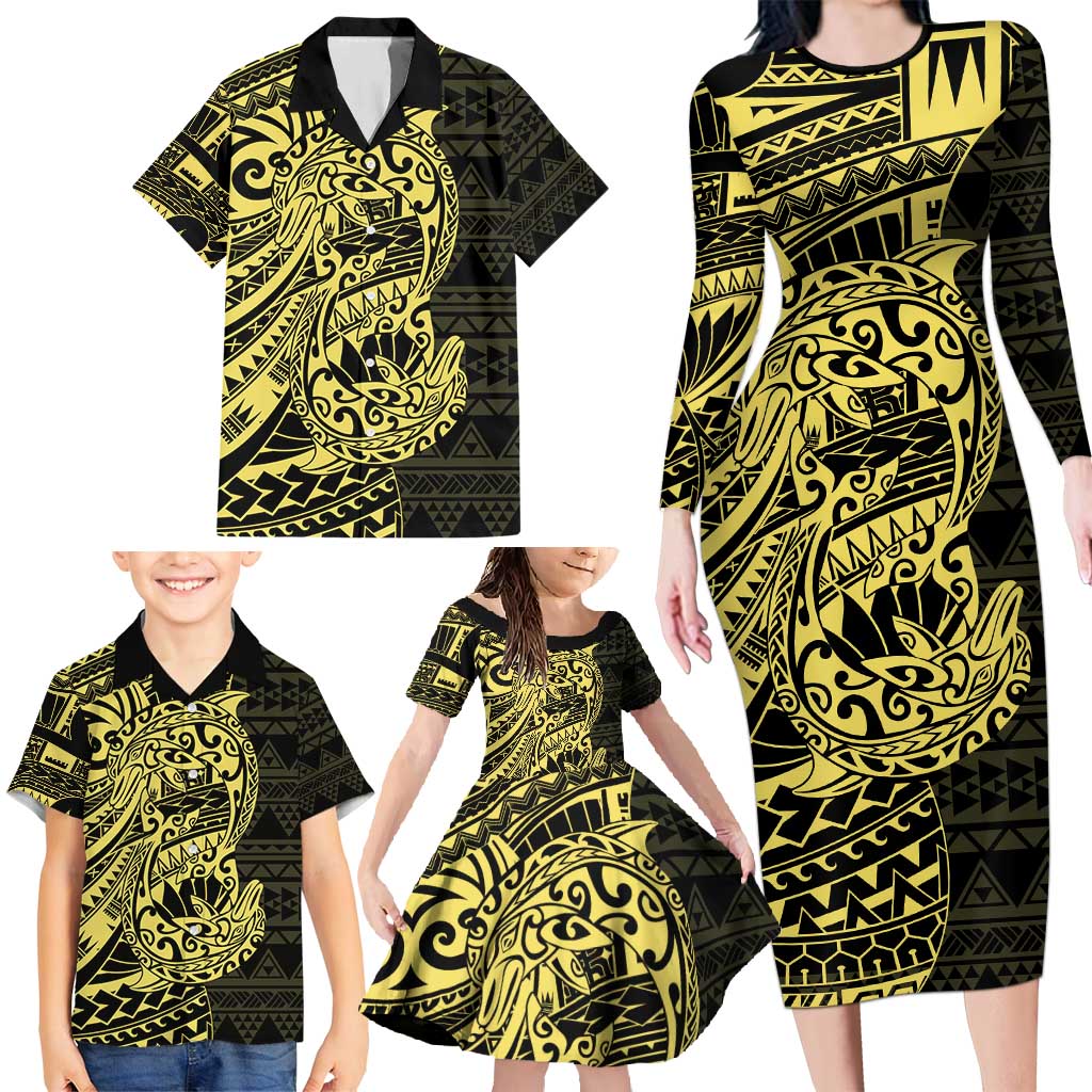 Yellow Couple Dolphins Maori Polynesian Style Family Matching Long Sleeve Bodycon Dress and Hawaiian Shirt LT9 - Polynesian Pride