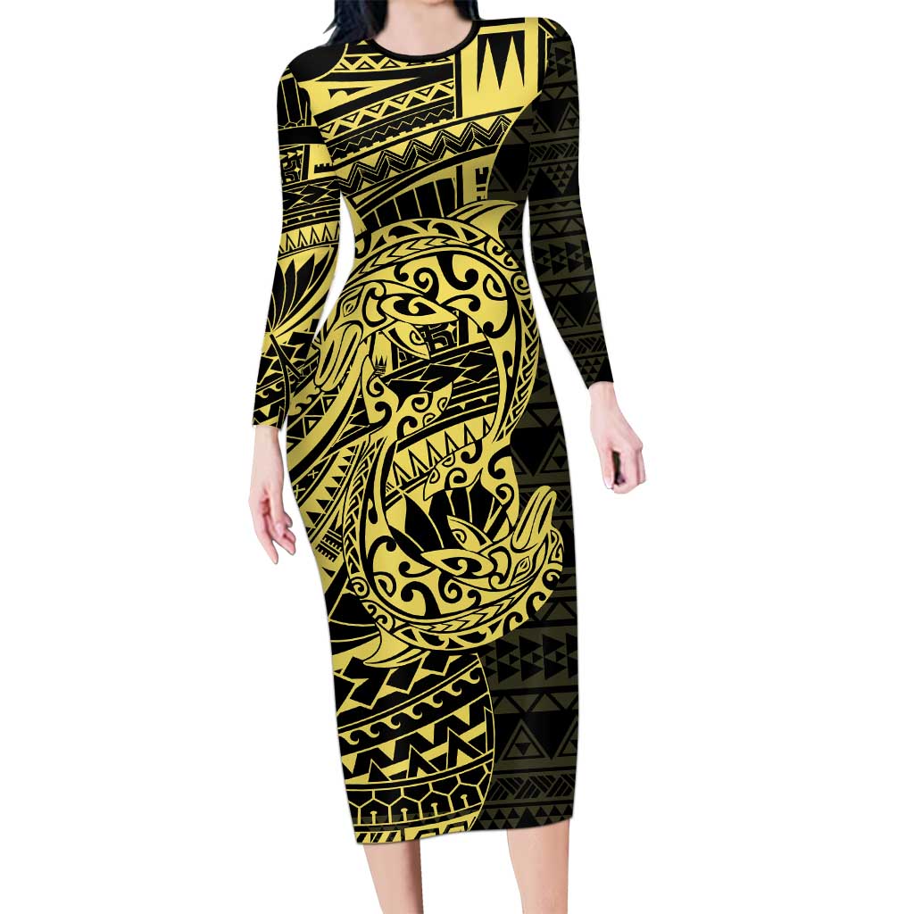 Yellow Couple Dolphins Maori Polynesian Style Family Matching Long Sleeve Bodycon Dress and Hawaiian Shirt LT9 Mom's Dress Yellow - Polynesian Pride