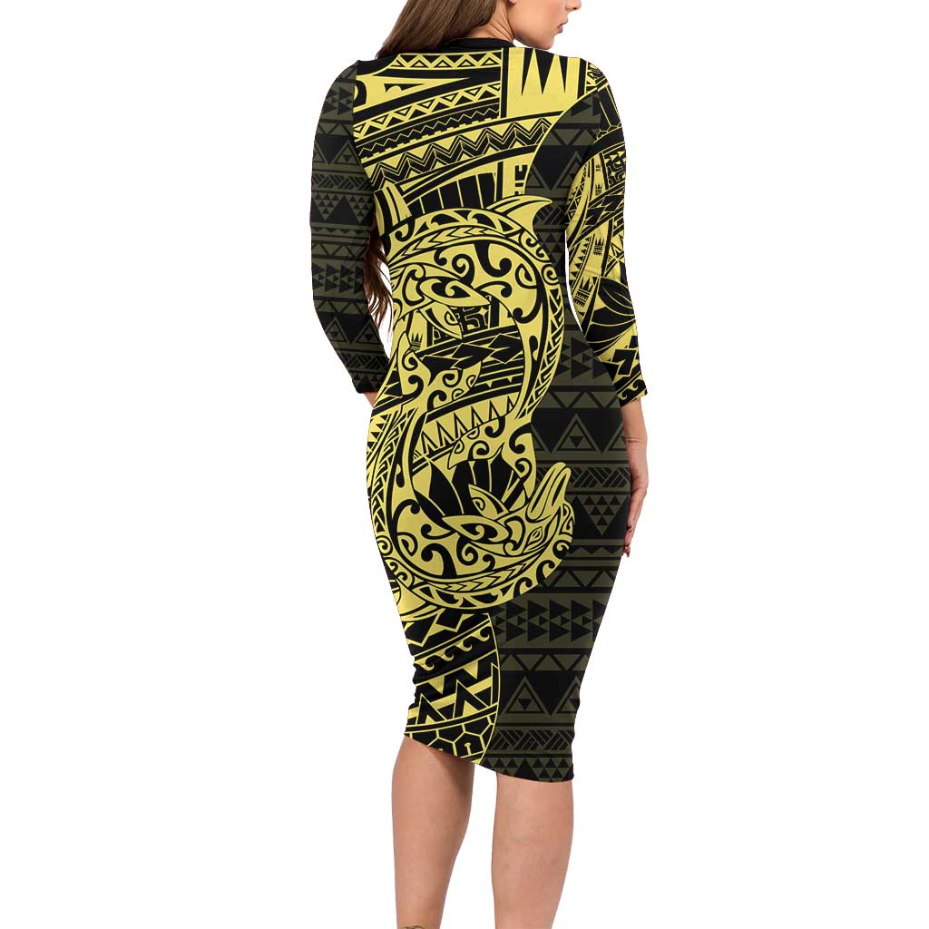 Yellow Couple Dolphins Maori Polynesian Style Family Matching Long Sleeve Bodycon Dress and Hawaiian Shirt LT9 - Polynesian Pride