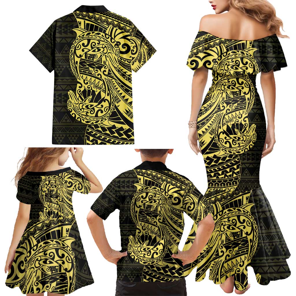 Yellow Couple Dolphins Maori Polynesian Style Family Matching Mermaid Dress and Hawaiian Shirt LT9 - Polynesian Pride