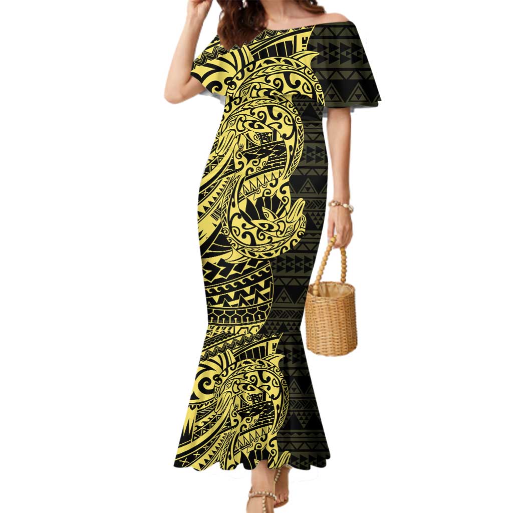 Yellow Couple Dolphins Maori Polynesian Style Family Matching Mermaid Dress and Hawaiian Shirt LT9 Mom's Dress Yellow - Polynesian Pride