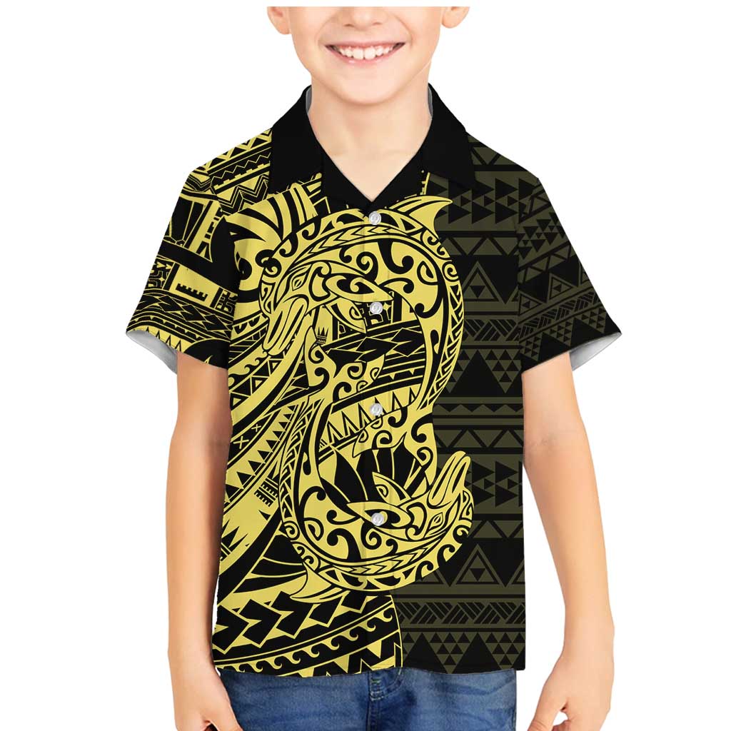 Yellow Couple Dolphins Maori Polynesian Style Family Matching Mermaid Dress and Hawaiian Shirt LT9 Son's Shirt Yellow - Polynesian Pride