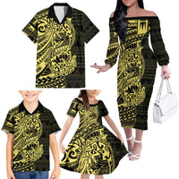 Yellow Couple Dolphins Maori Polynesian Style Family Matching Off The Shoulder Long Sleeve Dress and Hawaiian Shirt LT9 - Polynesian Pride