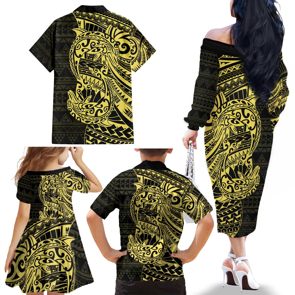 Yellow Couple Dolphins Maori Polynesian Style Family Matching Off The Shoulder Long Sleeve Dress and Hawaiian Shirt LT9 - Polynesian Pride