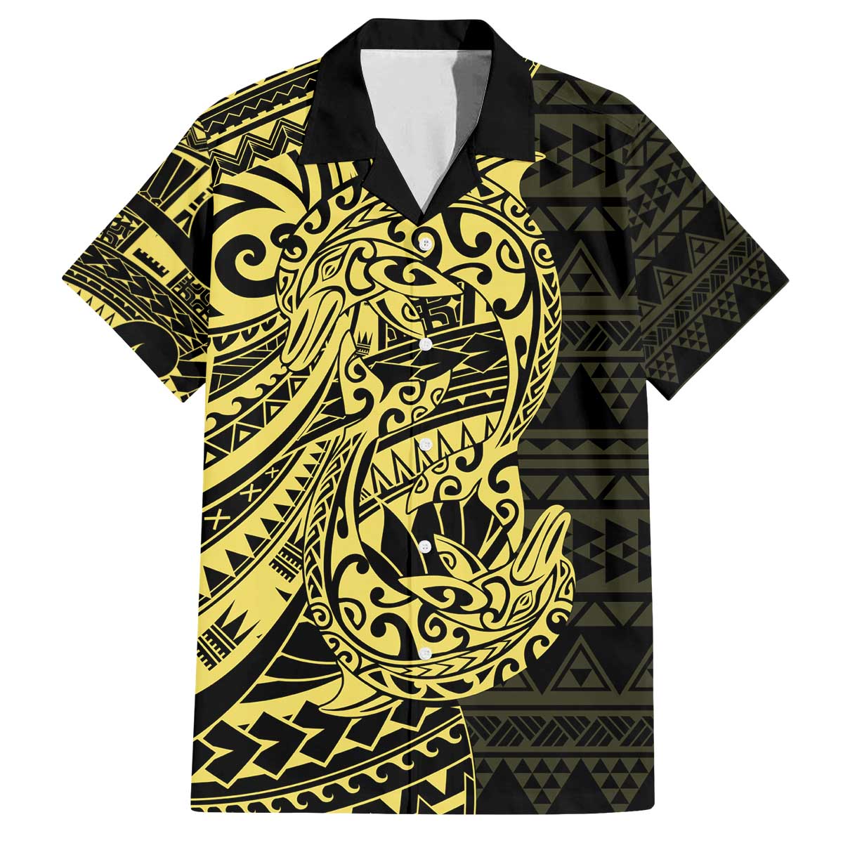 Yellow Couple Dolphins Maori Polynesian Style Family Matching Off The Shoulder Long Sleeve Dress and Hawaiian Shirt LT9 Dad's Shirt - Short Sleeve Yellow - Polynesian Pride