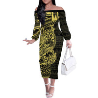 Yellow Couple Dolphins Maori Polynesian Style Family Matching Off The Shoulder Long Sleeve Dress and Hawaiian Shirt LT9 Mom's Dress Yellow - Polynesian Pride