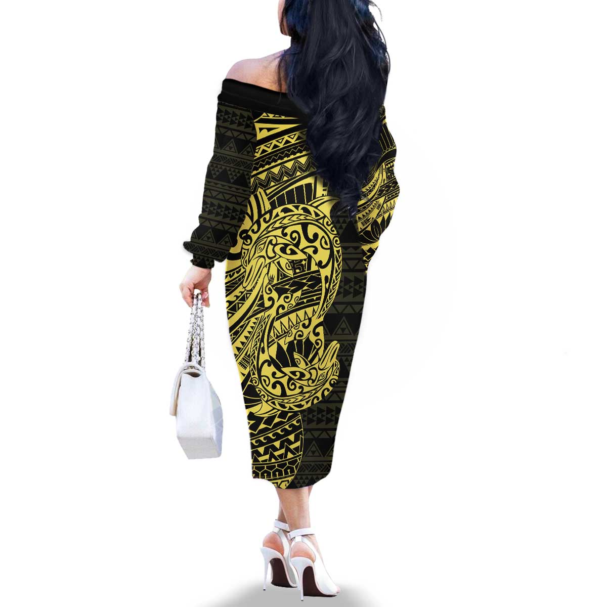 Yellow Couple Dolphins Maori Polynesian Style Family Matching Off The Shoulder Long Sleeve Dress and Hawaiian Shirt LT9 - Polynesian Pride
