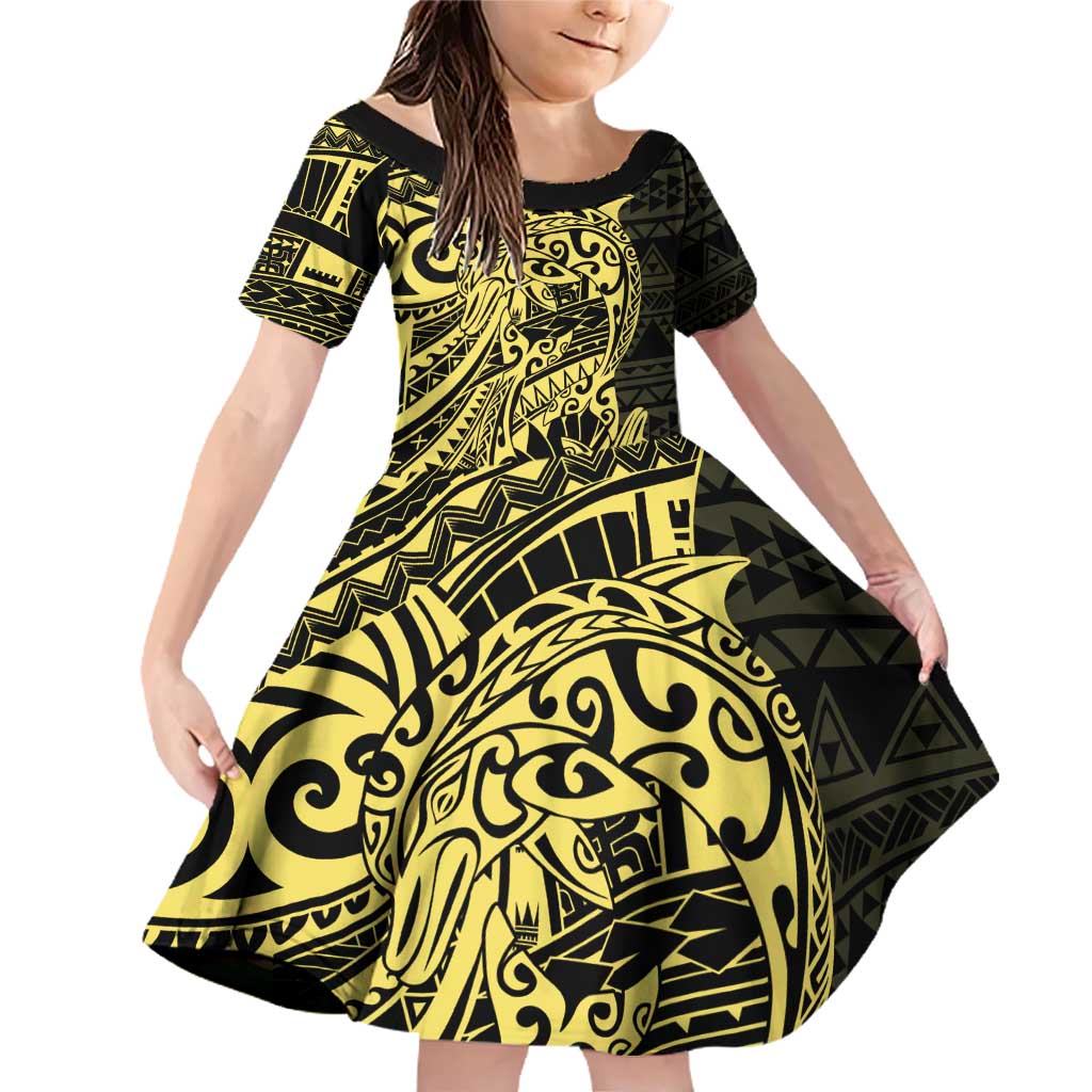 Yellow Couple Dolphins Maori Polynesian Style Family Matching Off Shoulder Short Dress and Hawaiian Shirt LT9 Daughter's Dress Yellow - Polynesian Pride