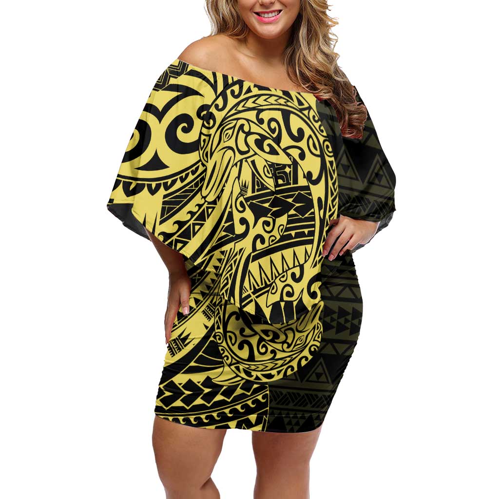 Yellow Couple Dolphins Maori Polynesian Style Family Matching Off Shoulder Short Dress and Hawaiian Shirt LT9 Mom's Dress Yellow - Polynesian Pride