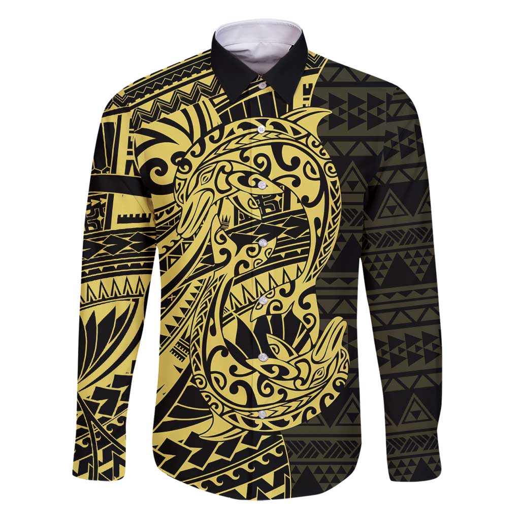 Yellow Couple Dolphins Maori Polynesian Style Family Matching Puletasi and Hawaiian Shirt LT9 Dad's Shirt - Long Sleeve Yellow - Polynesian Pride
