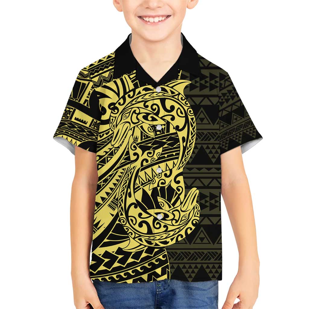 Yellow Couple Dolphins Maori Polynesian Style Family Matching Puletasi and Hawaiian Shirt LT9 Son's Shirt Yellow - Polynesian Pride