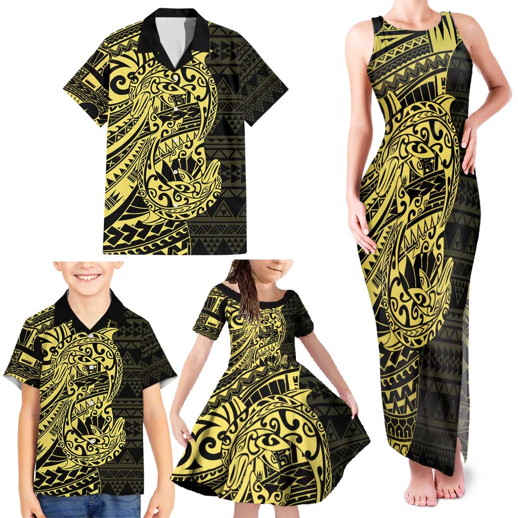 Yellow Couple Dolphins Maori Polynesian Style Family Matching Tank Maxi Dress and Hawaiian Shirt LT9 - Polynesian Pride