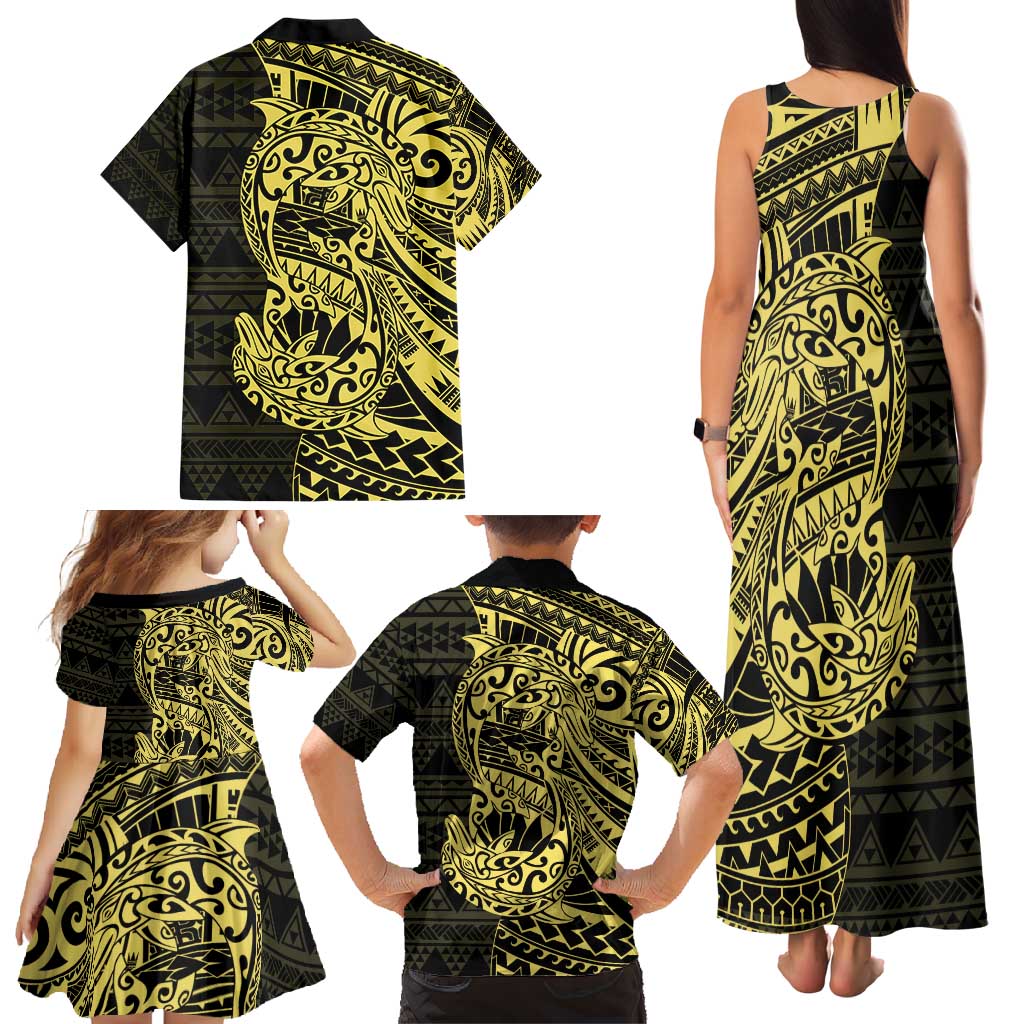 Yellow Couple Dolphins Maori Polynesian Style Family Matching Tank Maxi Dress and Hawaiian Shirt LT9 - Polynesian Pride