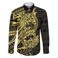 Yellow Couple Dolphins Maori Polynesian Style Family Matching Tank Maxi Dress and Hawaiian Shirt LT9 Dad's Shirt - Long Sleeve Yellow - Polynesian Pride