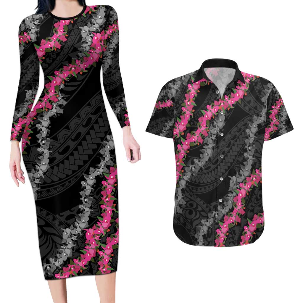 Guam Bougainvillea Lei Couples Matching Long Sleeve Bodycon Dress and Hawaiian Shirt Chamorro Tribal Pattern