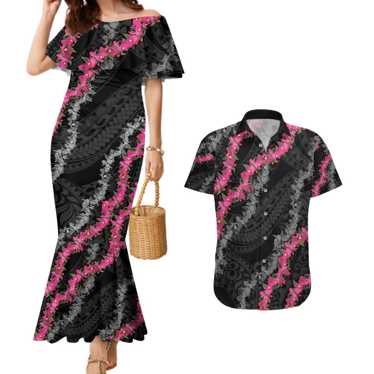 Guam Bougainvillea Lei Couples Matching Mermaid Dress and Hawaiian Shirt Chamorro Tribal Pattern