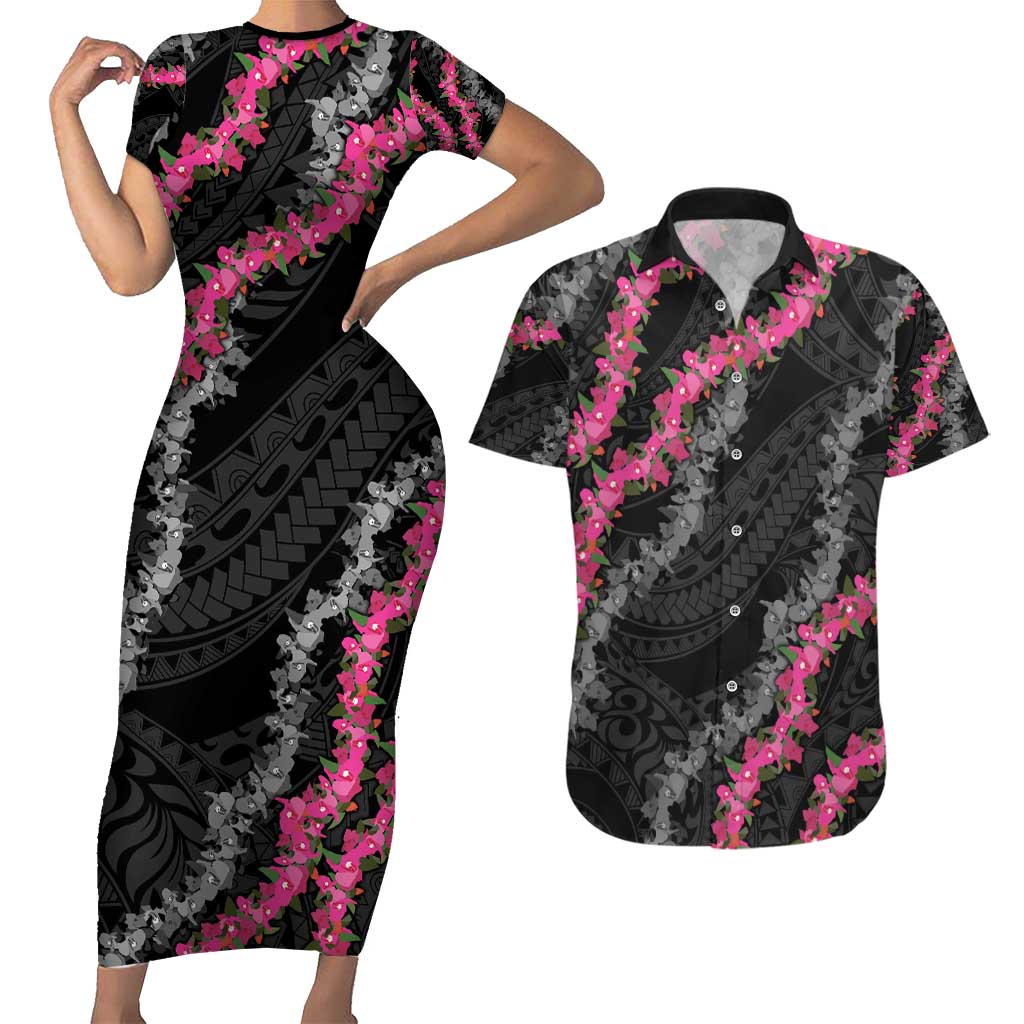 Guam Bougainvillea Lei Couples Matching Short Sleeve Bodycon Dress and Hawaiian Shirt Chamorro Tribal Pattern
