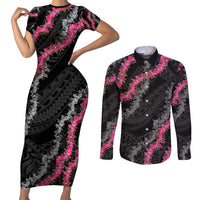 Guam Bougainvillea Lei Couples Matching Short Sleeve Bodycon Dress and Long Sleeve Button Shirt Chamorro Tribal Pattern