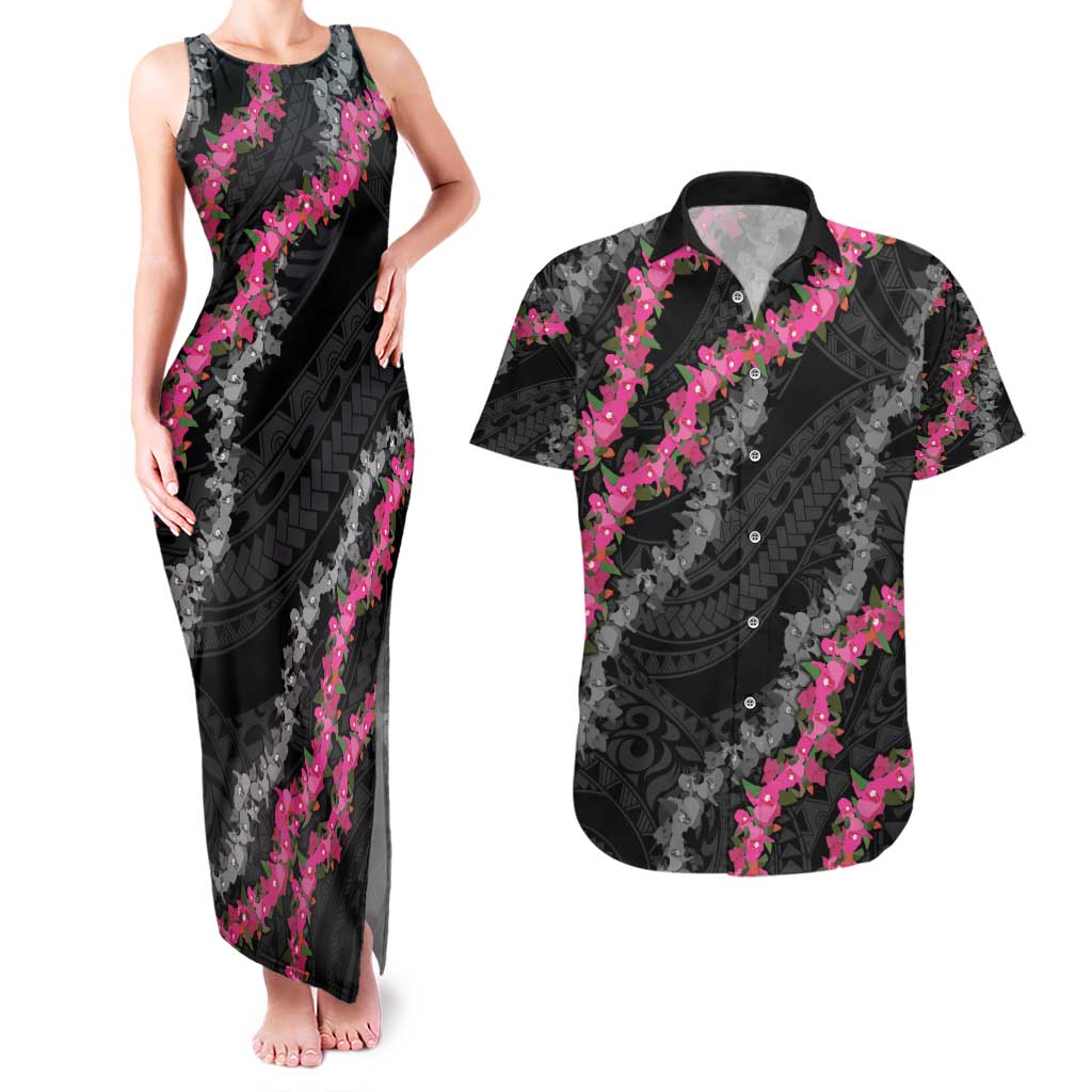 Guam Bougainvillea Lei Couples Matching Tank Maxi Dress and Hawaiian Shirt Chamorro Tribal Pattern