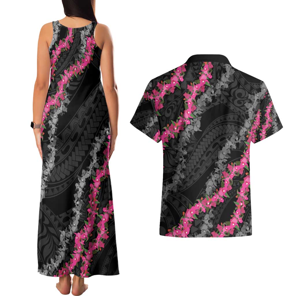 Guam Bougainvillea Lei Couples Matching Tank Maxi Dress and Hawaiian Shirt Chamorro Tribal Pattern