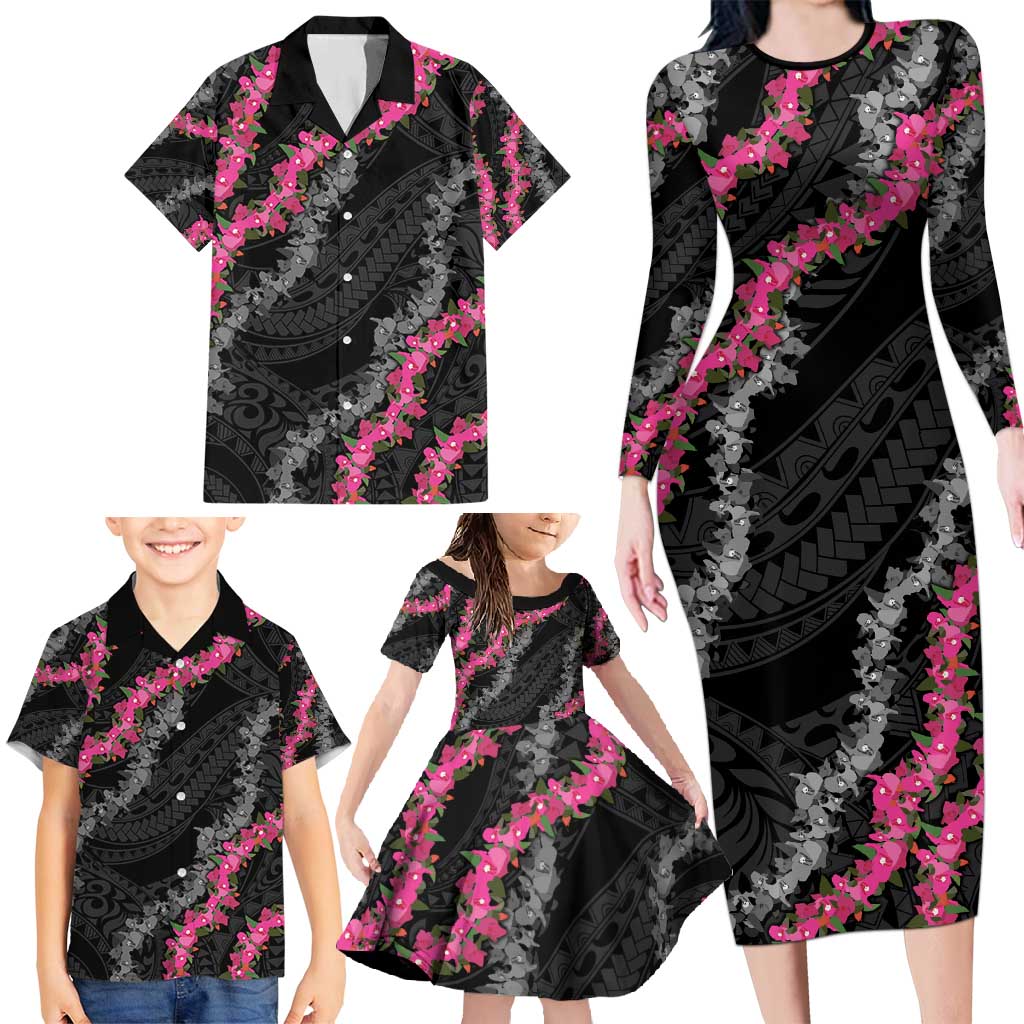 Guam Bougainvillea Lei Family Matching Long Sleeve Bodycon Dress and Hawaiian Shirt Chamorro Tribal Pattern LT9 - Polynesian Pride