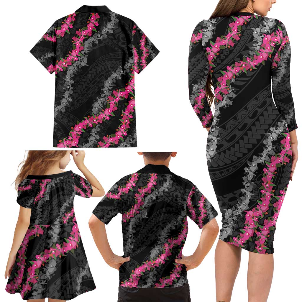 Guam Bougainvillea Lei Family Matching Long Sleeve Bodycon Dress and Hawaiian Shirt Chamorro Tribal Pattern LT9 - Polynesian Pride