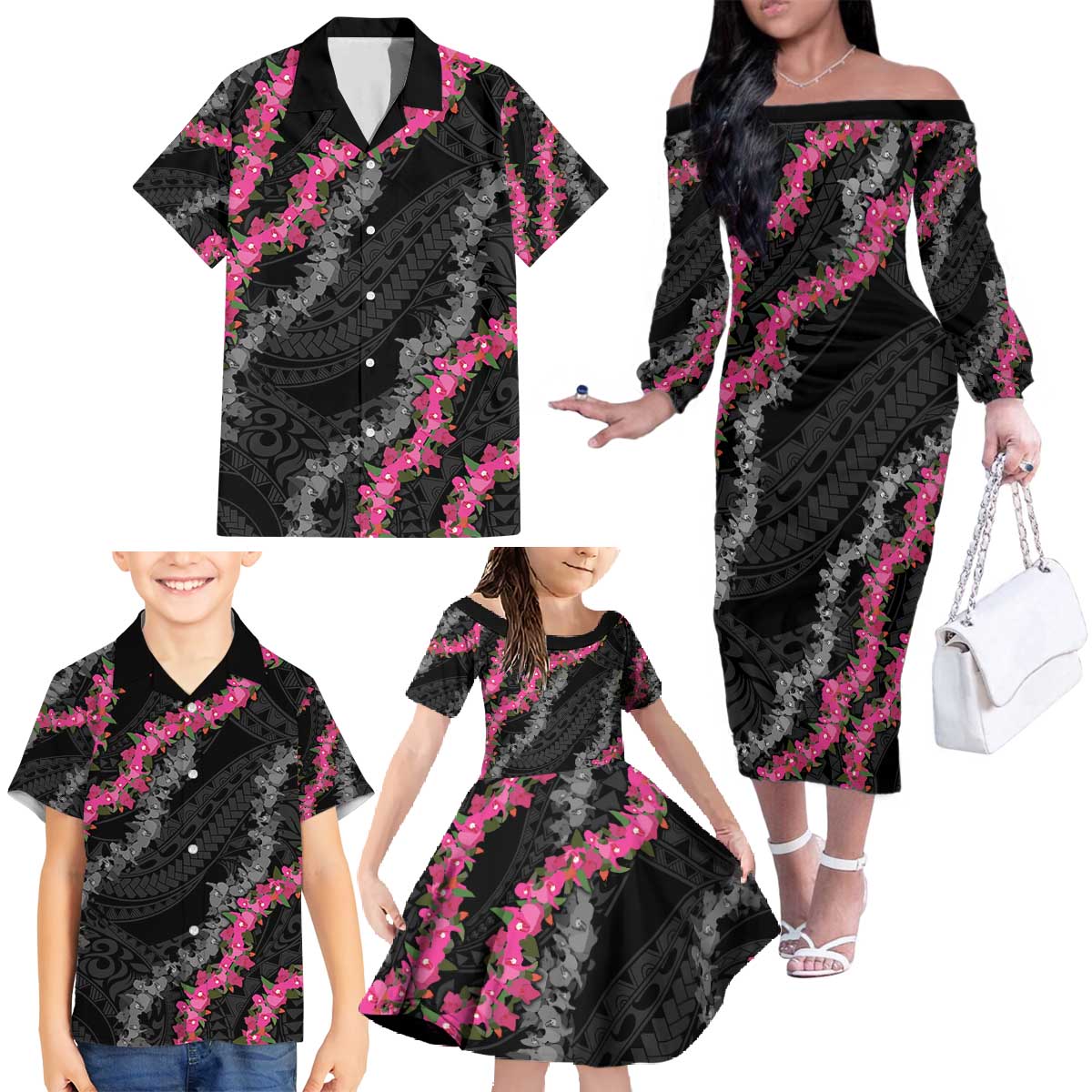 Guam Bougainvillea Lei Family Matching Off The Shoulder Long Sleeve Dress and Hawaiian Shirt Chamorro Tribal Pattern