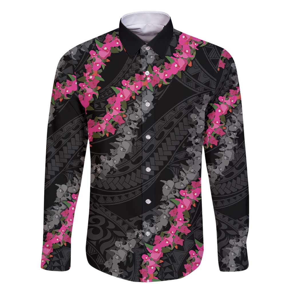 Guam Bougainvillea Lei Family Matching Short Sleeve Bodycon Dress and Hawaiian Shirt Chamorro Tribal Pattern LT9 Dad's Shirt - Long Sleeve Black - Polynesian Pride