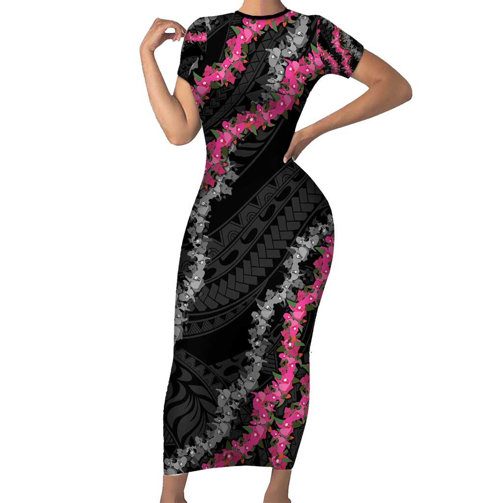 Guam Bougainvillea Lei Family Matching Short Sleeve Bodycon Dress and Hawaiian Shirt Chamorro Tribal Pattern LT9 Mom's Dress Black - Polynesian Pride