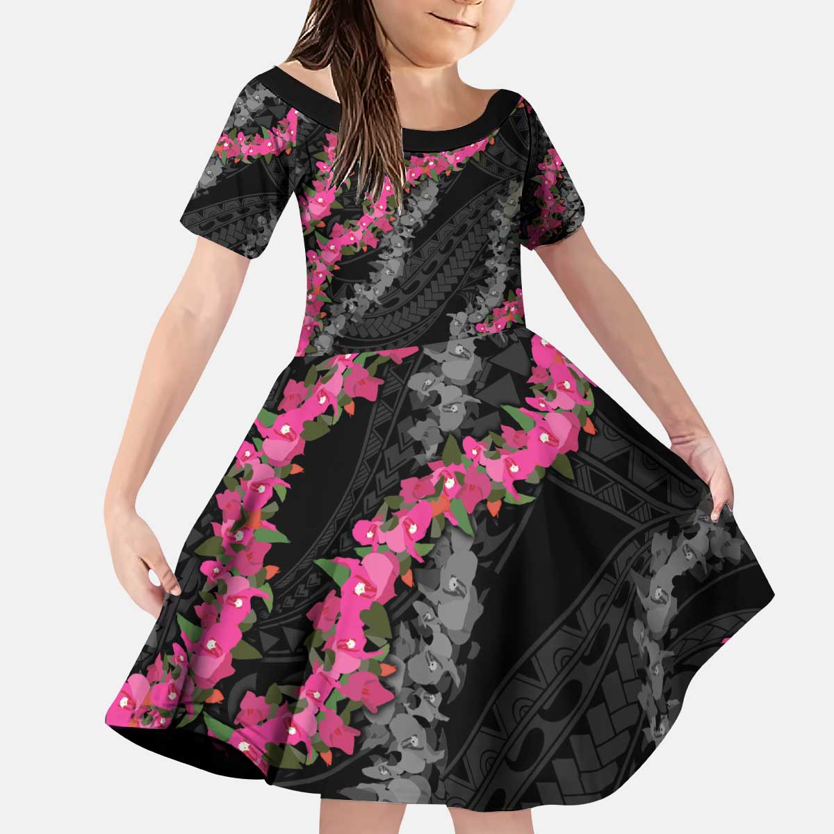 Guam Bougainvillea Lei Kid Short Sleeve Dress Chamorro Tribal Pattern