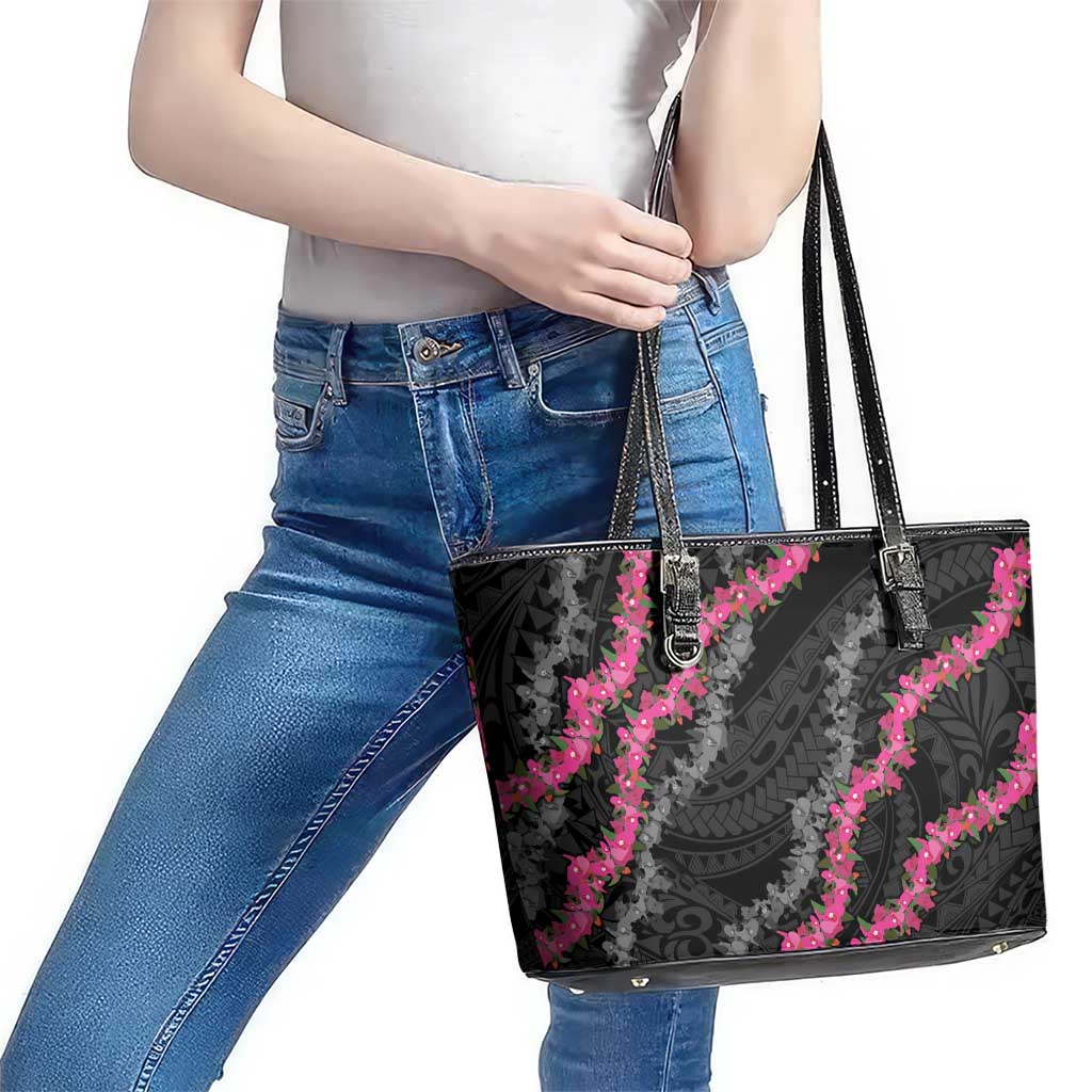 Guam Bougainvillea Lei Leather Tote Bag Chamorro Tribal Pattern