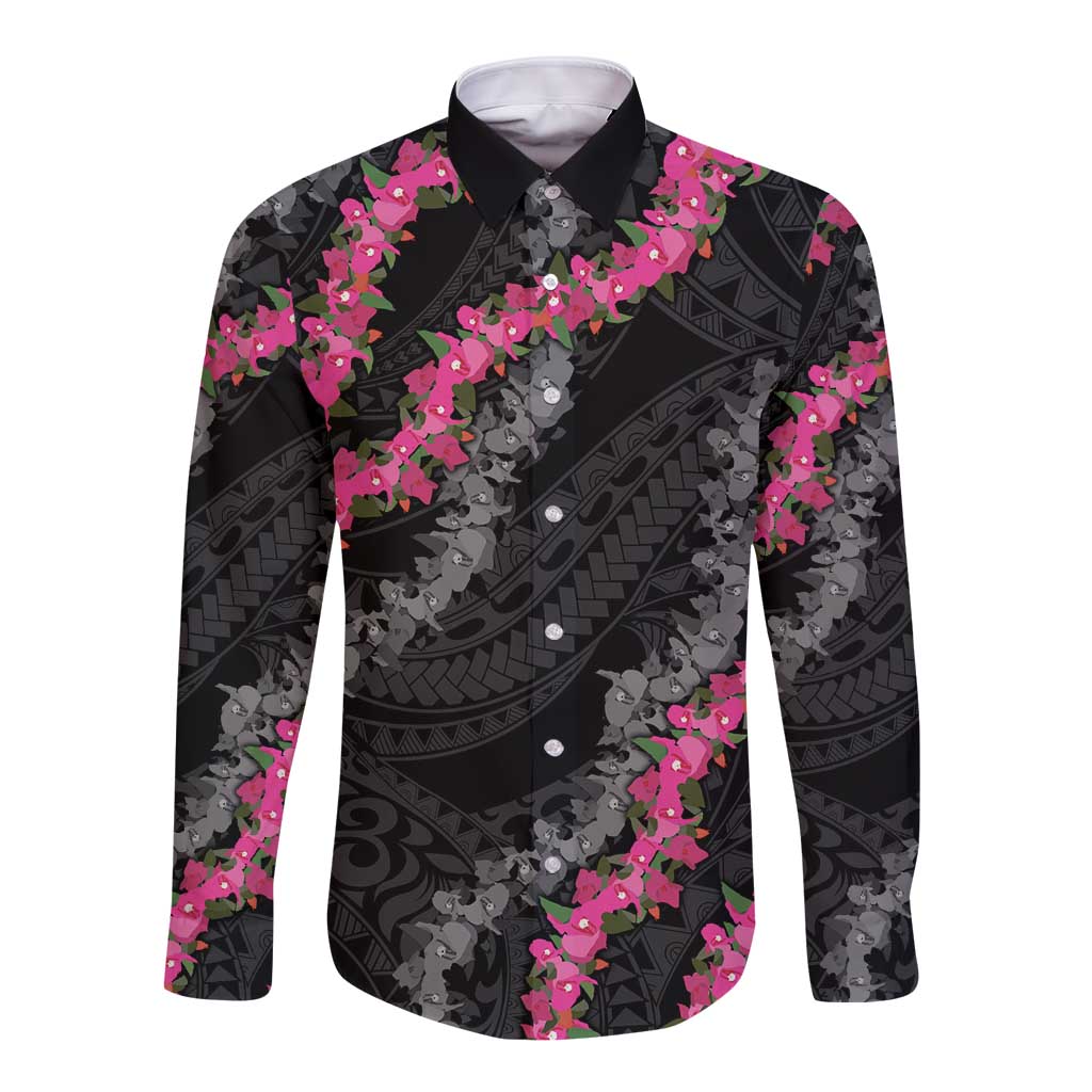 Guam Bougainvillea Lei Long Sleeve Button Shirt Chamorro Tribal Pattern